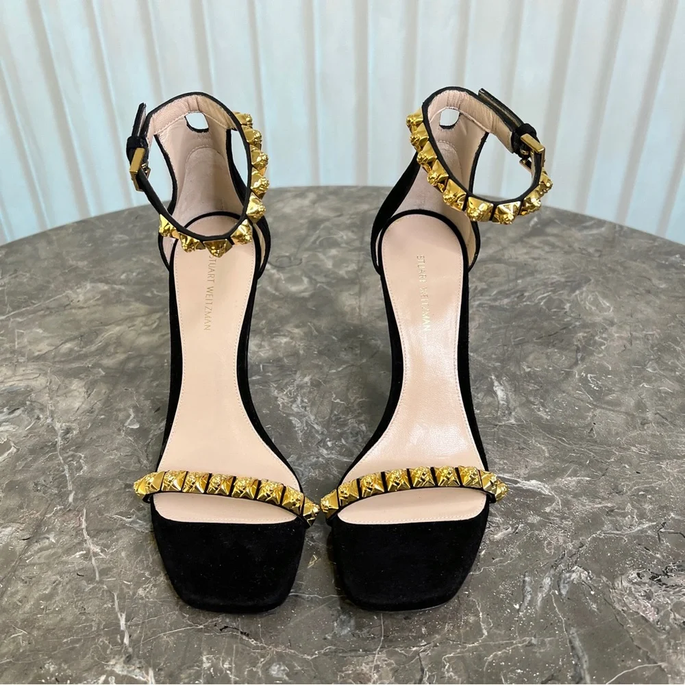NEW Stuart Weitzman The Rosist Black Suede and Gold Studded Sandal Heels